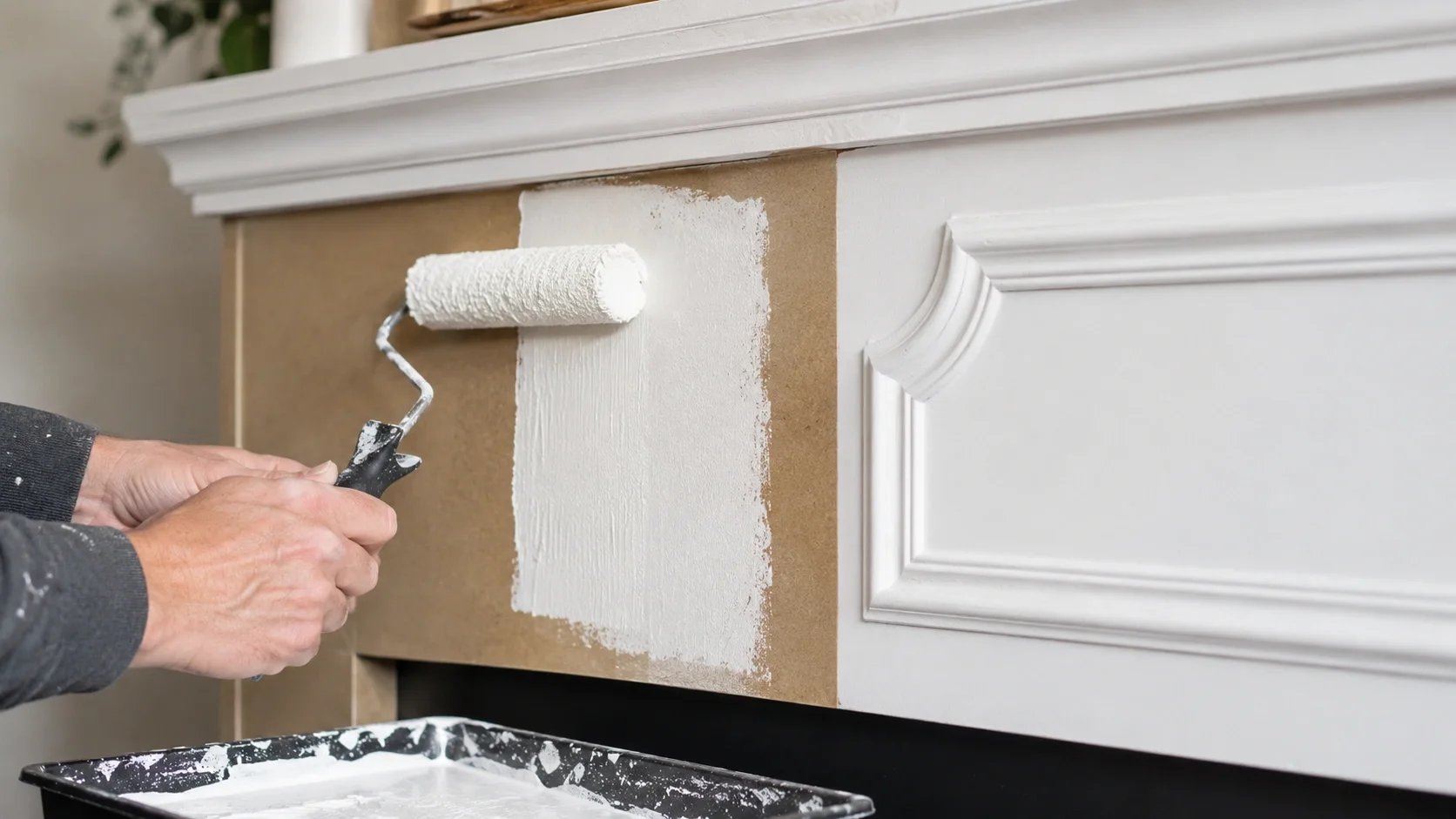 Painting a DIY faux fireplace