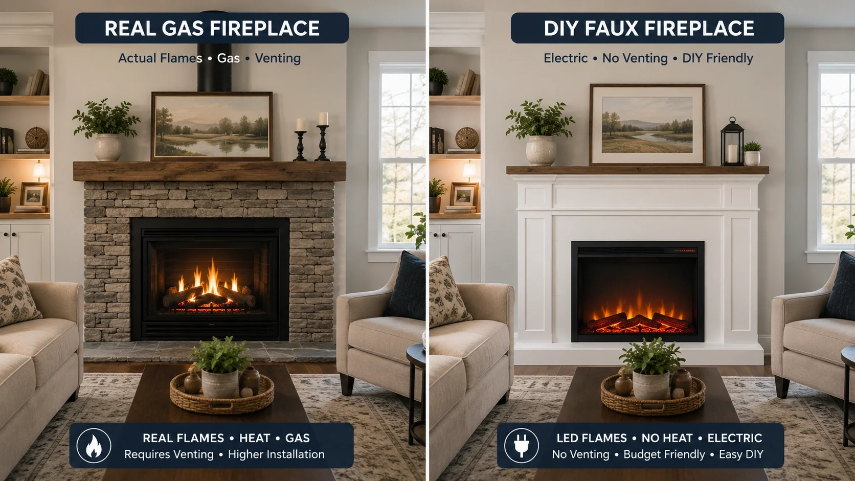 Side by side comparison of faux and real fireplace