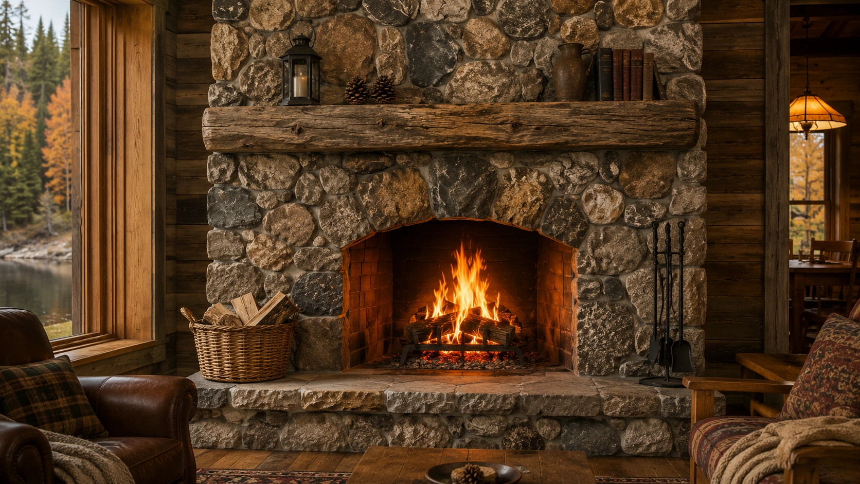 Fieldstone fireplace with natural irregular stones