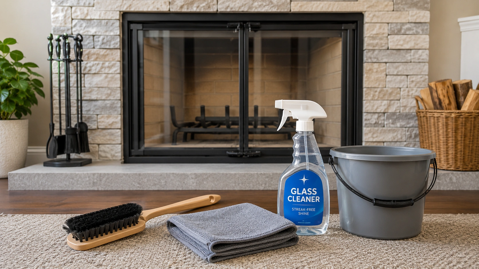 Cleaning supplies and tools for fireplace maintenance