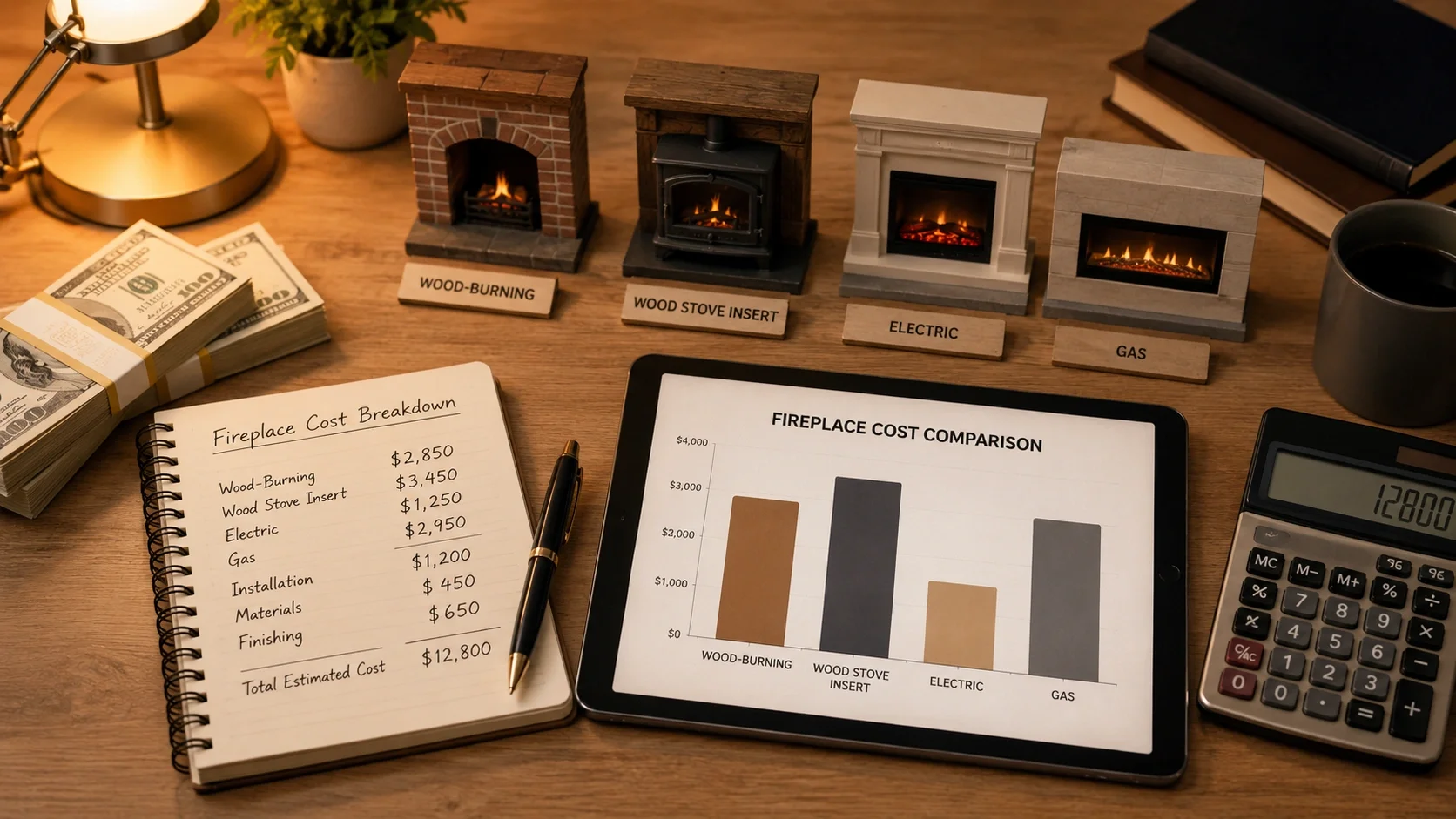Chart showing fireplace cost breakdown including purchase, installation, and operating costs