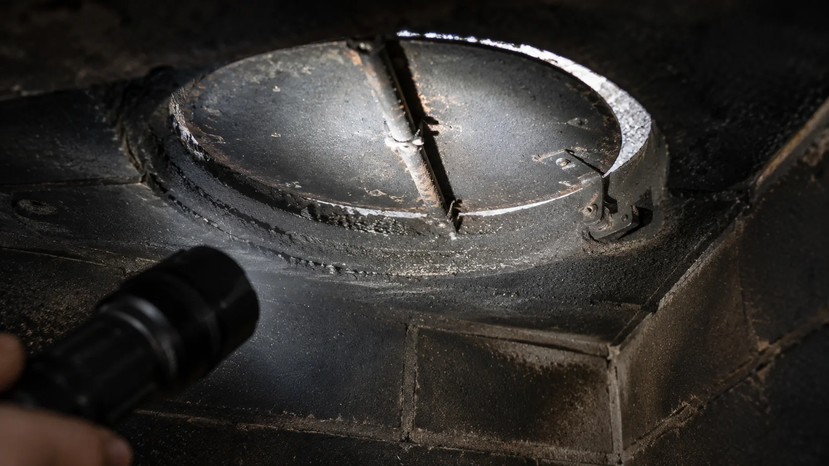 Fireplace damper inspection showing rust and debris common in fall checkups