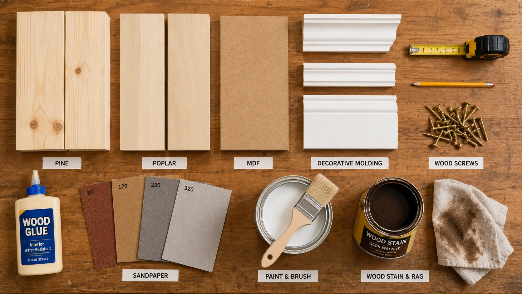 Various materials needed for building a fireplace frame