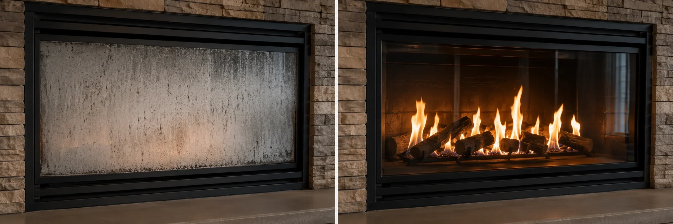 Before and after cleaning fireplace glass comparison showing dramatic difference in clarity