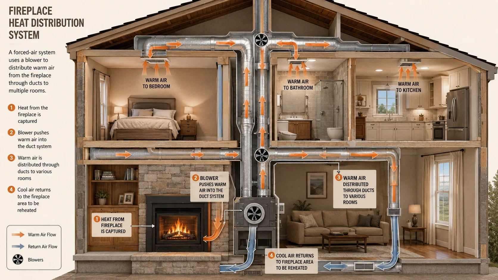 Heat distribution system for whole-house fireplace heating