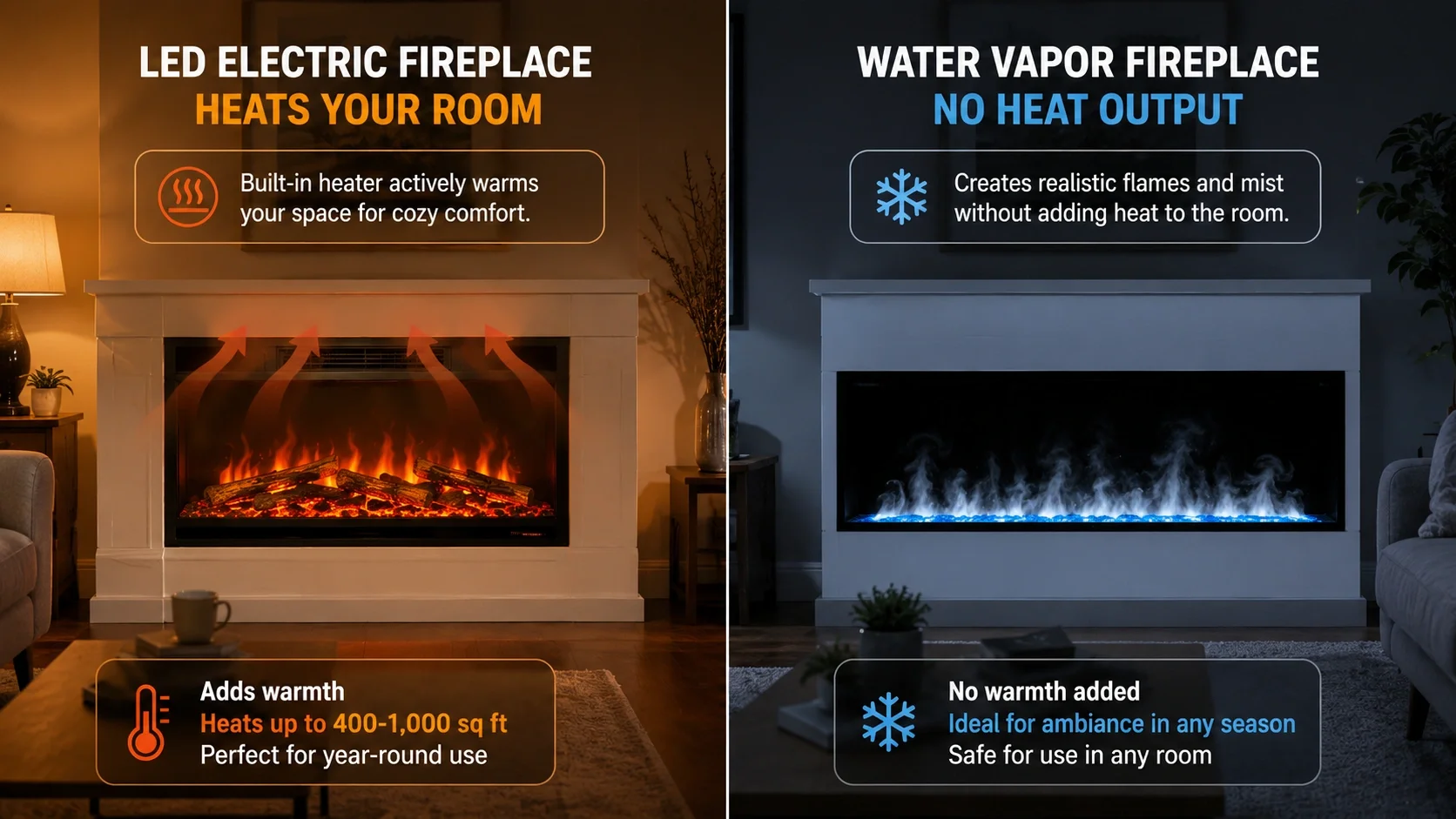 Comparison of heating capabilities between LED and water vapor fireplaces