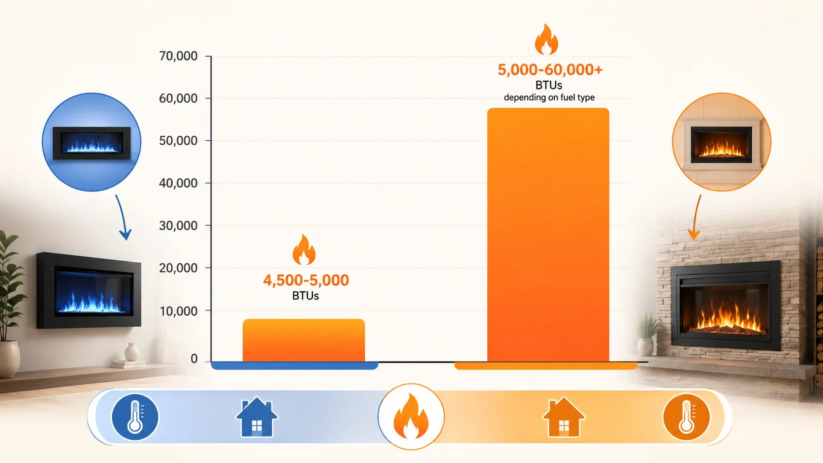 Chart comparing heating output of wall-mounted versus built-in fireplaces