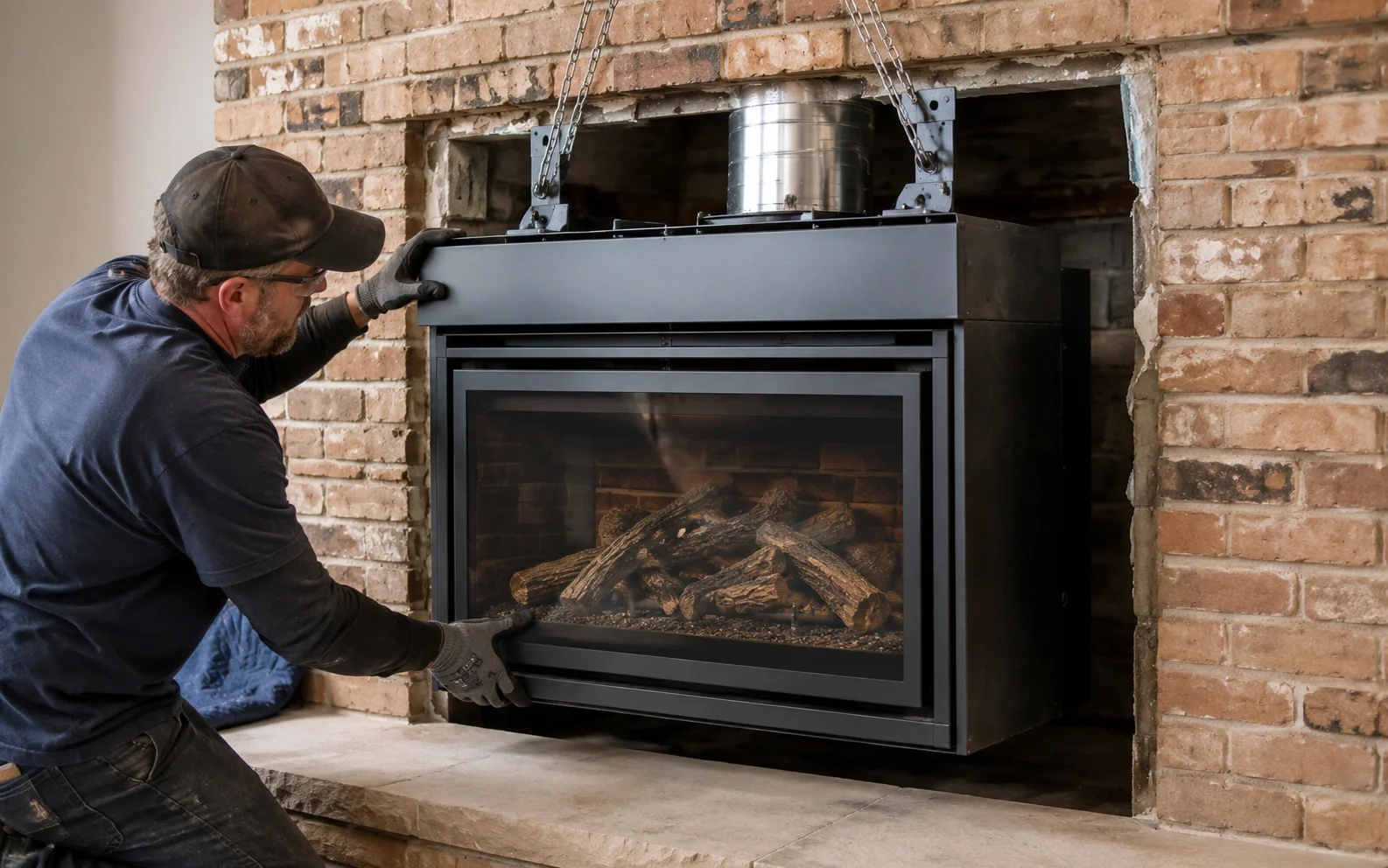Fireplace insert being installed into an existing masonry fireplace
