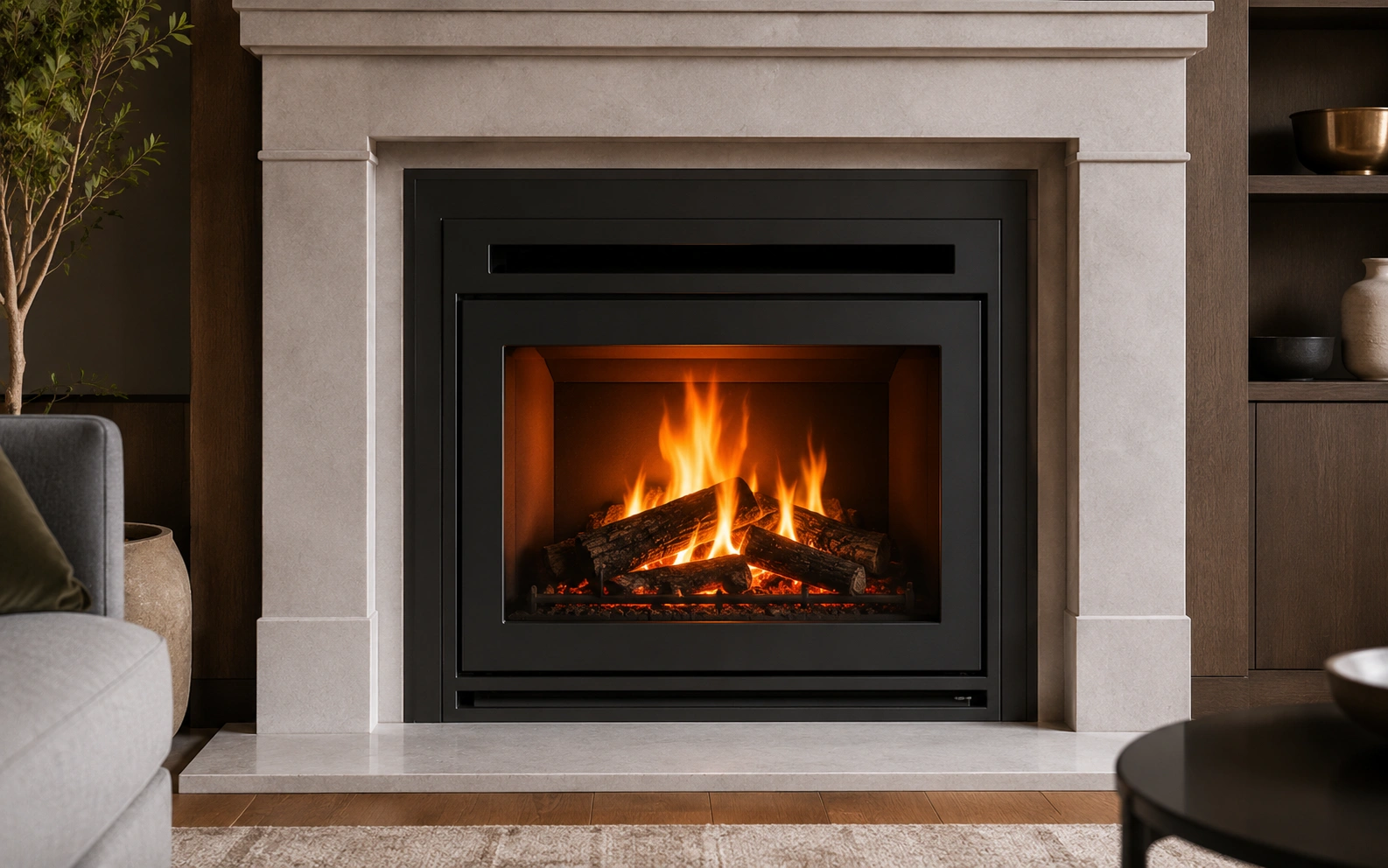 Modern fireplace insert installed in brick fireplace surround