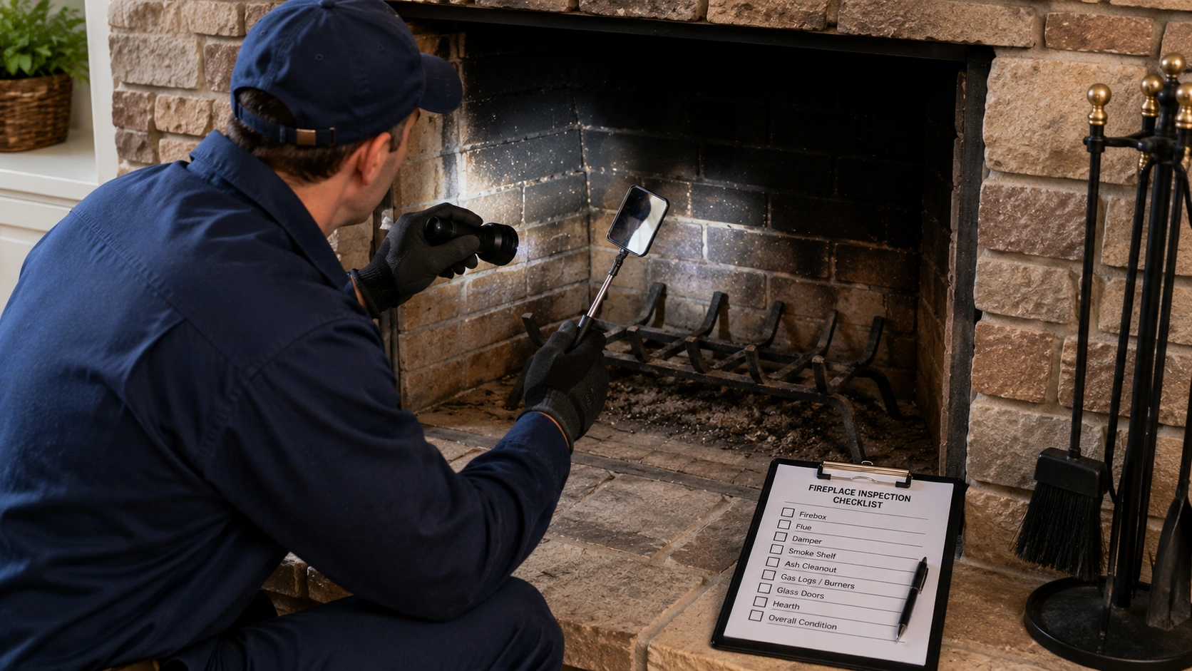 Professional chimney inspector examining a fireplace