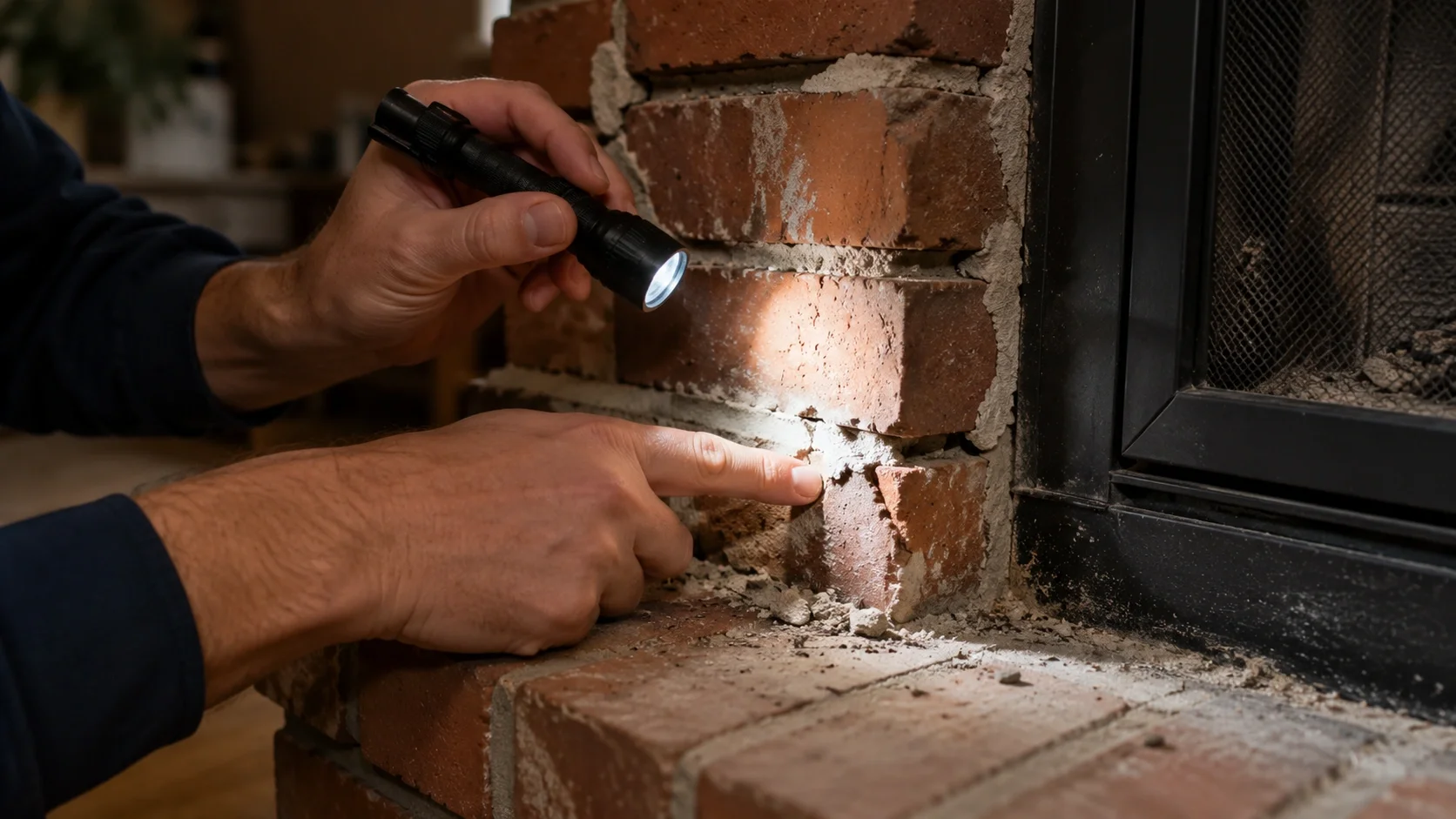 Close up of a chimney professional inspecting masonry for summer damage