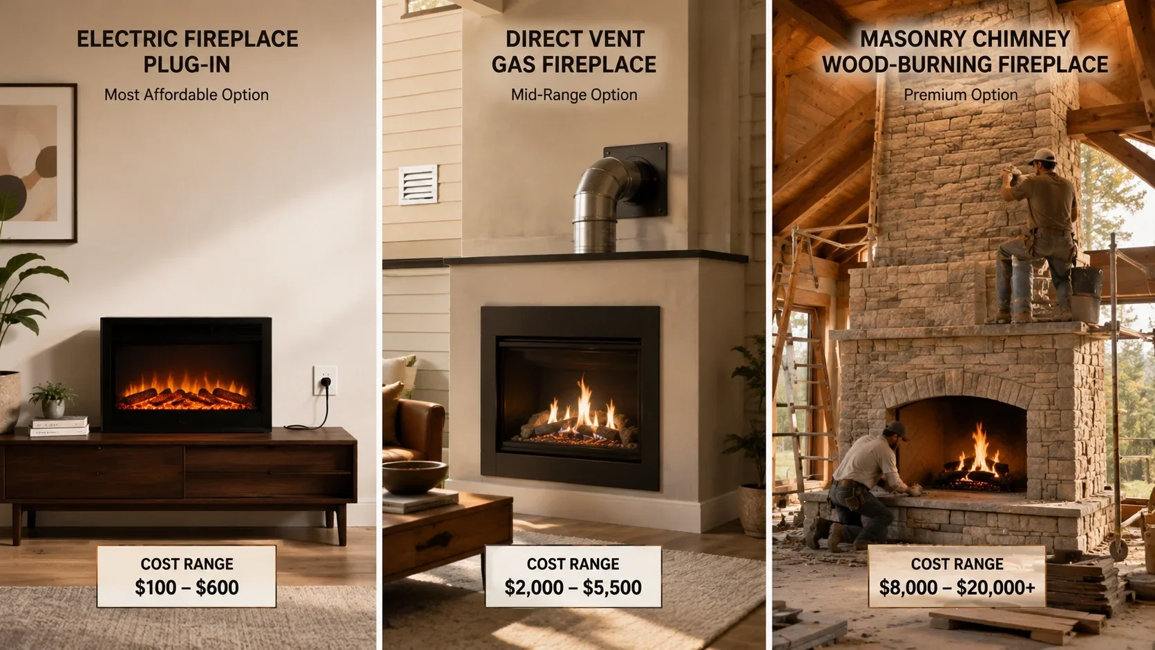 Fireplace installation investment comparison by type