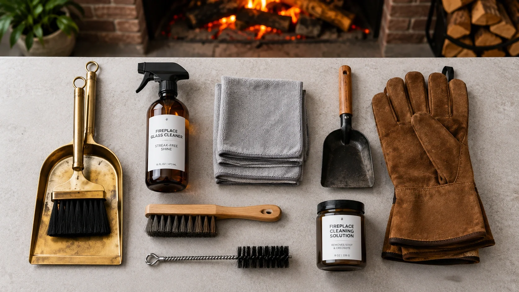 Fireplace maintenance supplies and cleaning tools