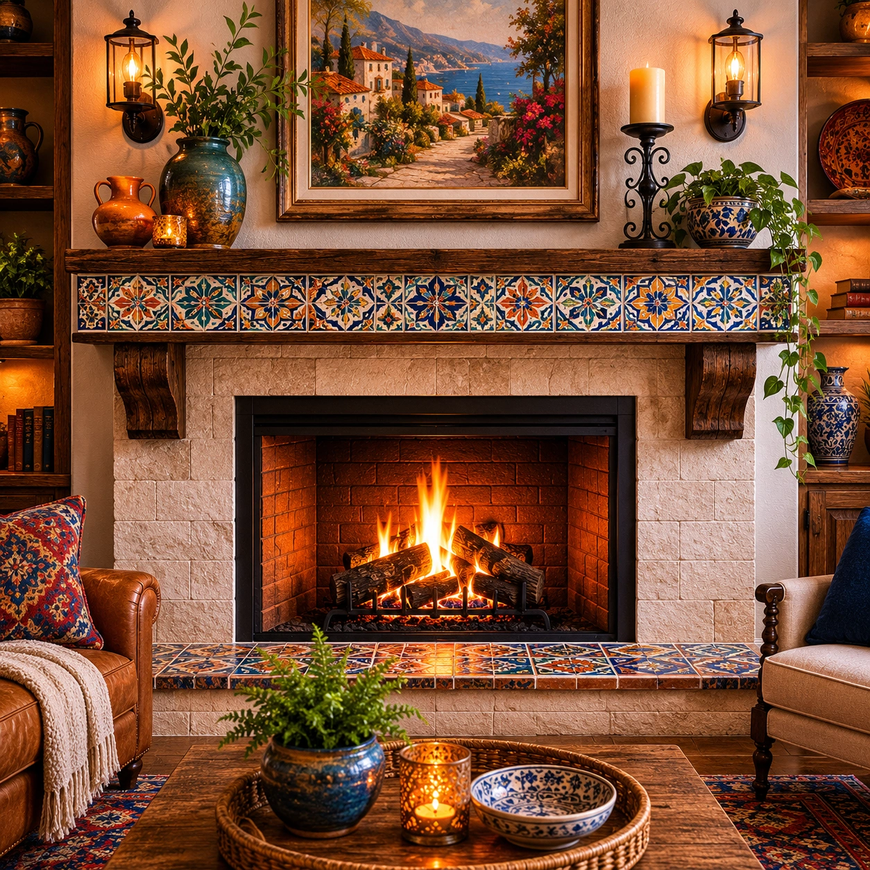 Fireplace mantel with tile accents