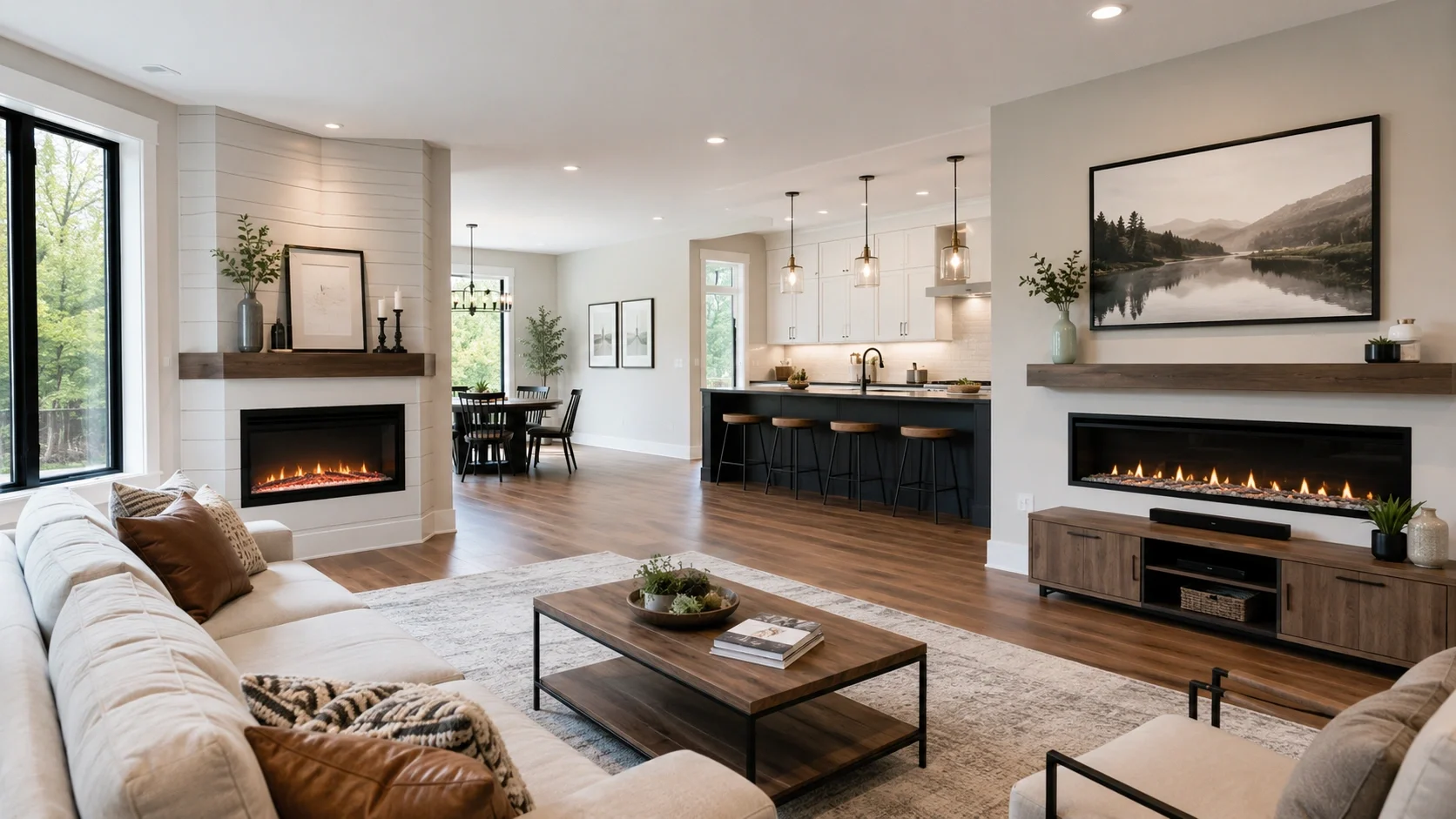 Different fireplace placement options including corner and wall installations