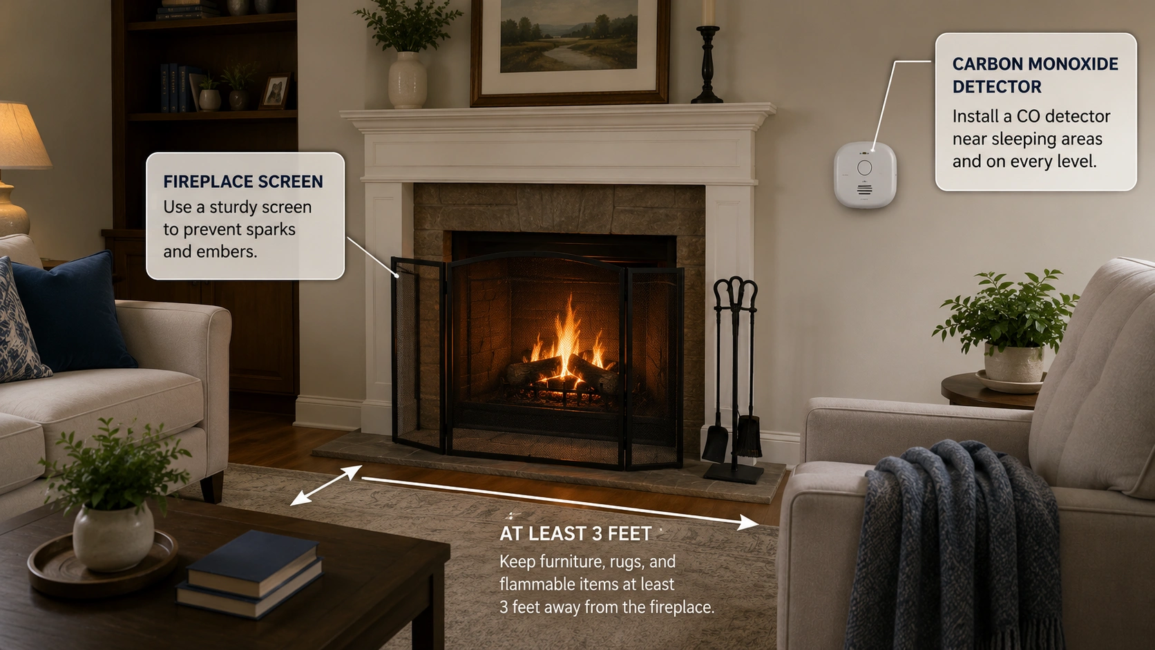 Safety features and considerations for living room fireplaces