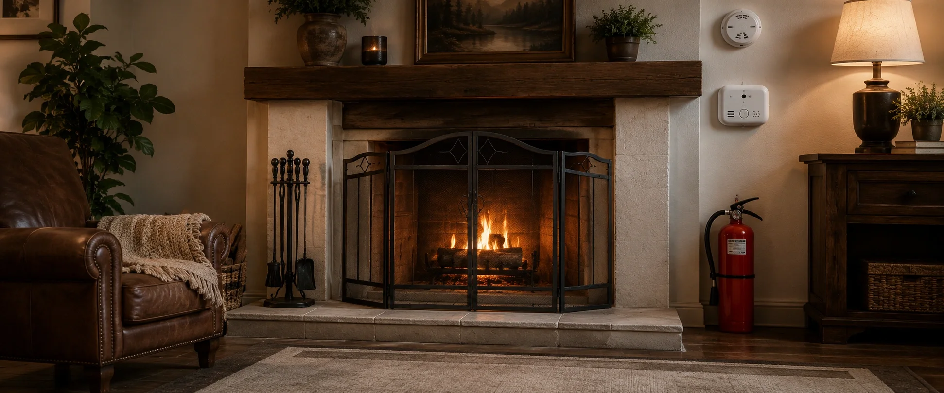 Essential safety equipment for fireplace owners including carbon monoxide detectors and fire extinguishers