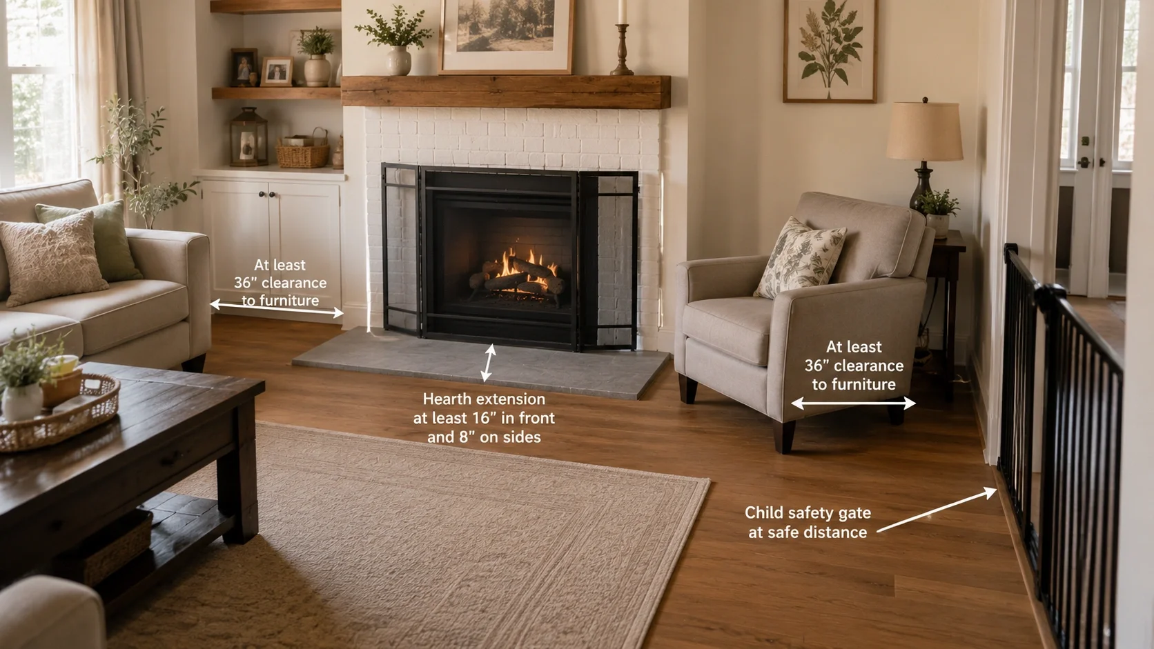 Fireplace safety features showing proper clearances and safety barriers