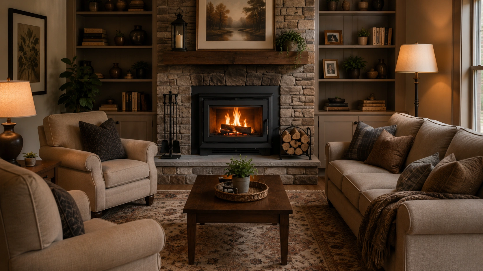 Comfortable seating arrangement around wood fireplace