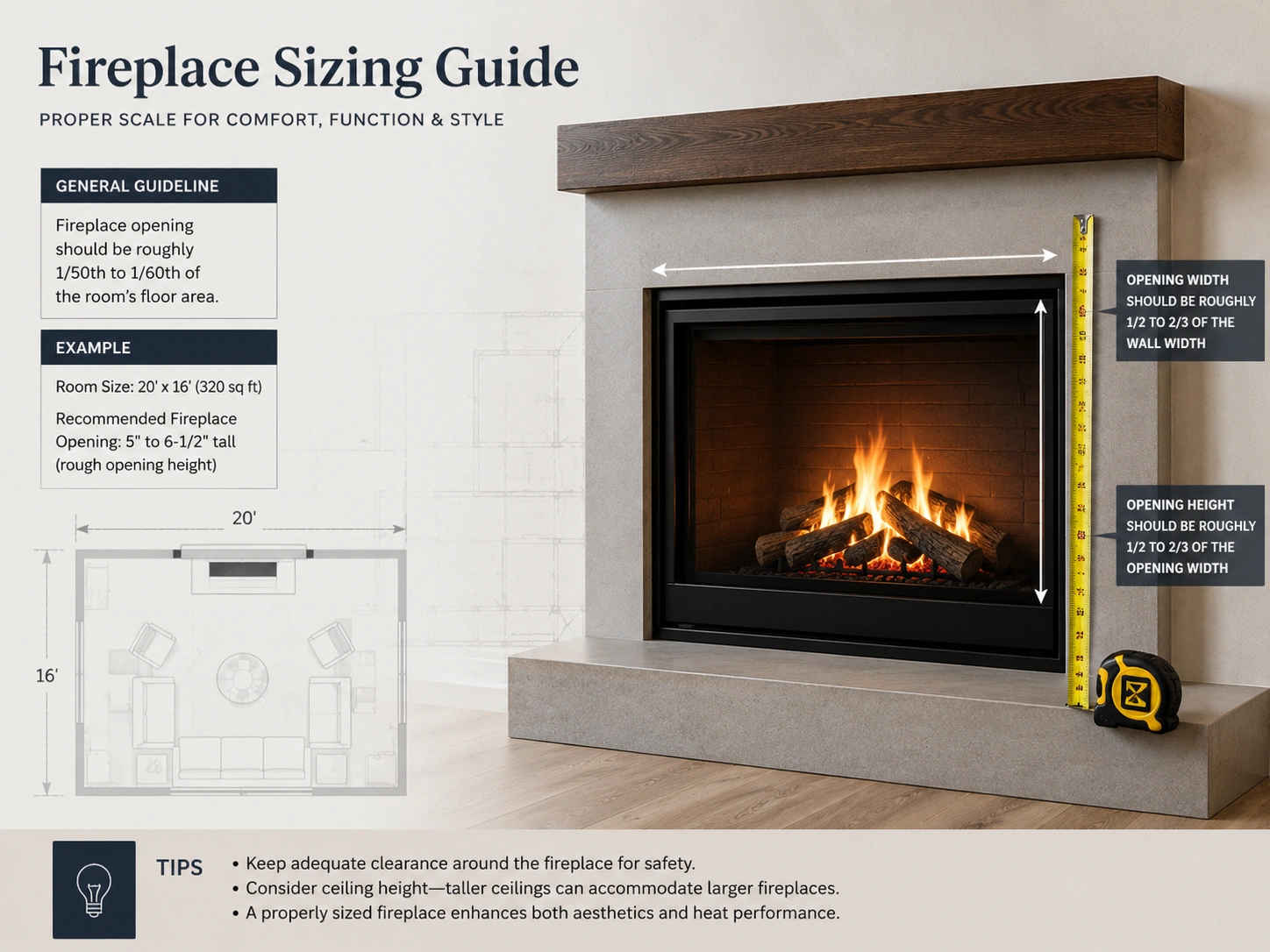 Fireplace sizing chart showing appropriate dimensions for different room sizes