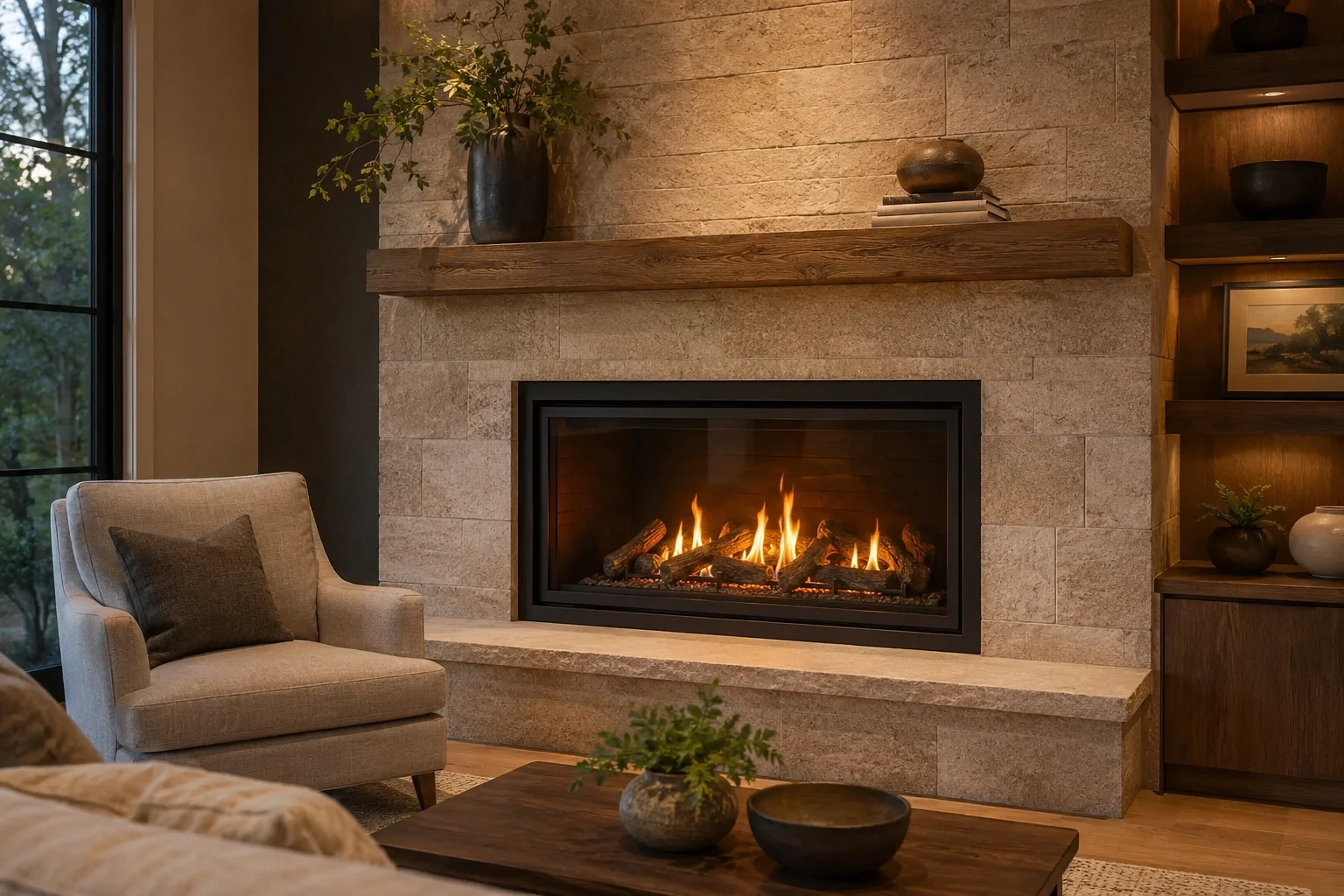 Properly sized fireplace in a living room providing efficient heating