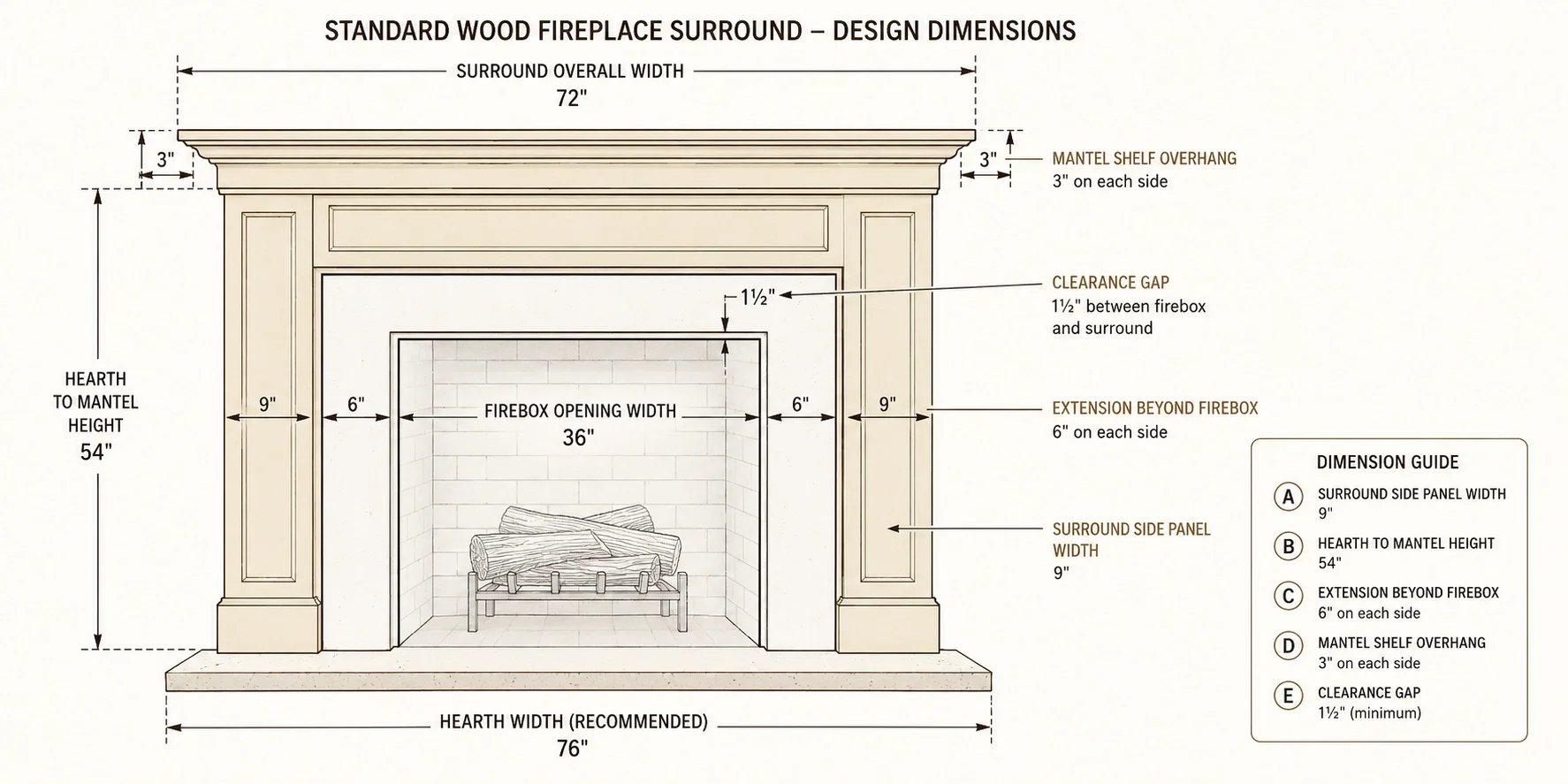 Fireplace surround design with proper dimensions marked