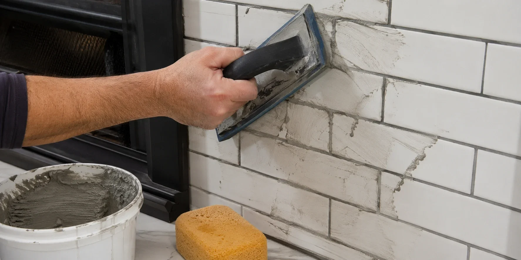 Applying grout between fireplace tiles