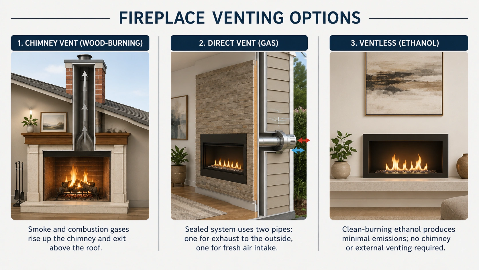 Diagram showing different fireplace venting options
