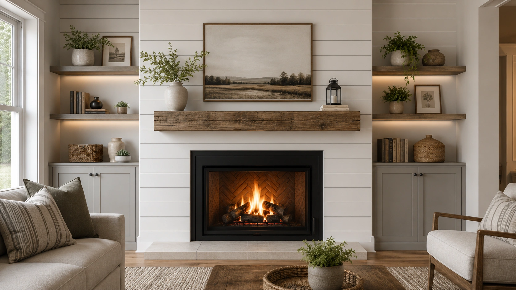 Accent wall design highlighting wood fireplace