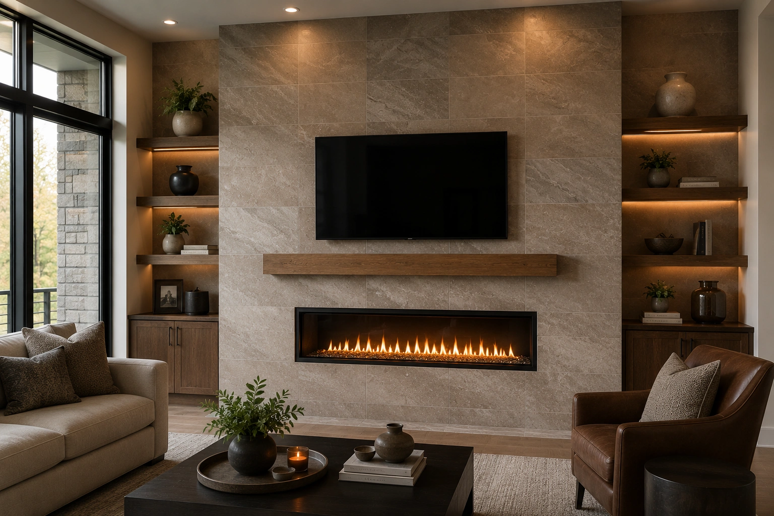 Full wall tile installation around fireplace