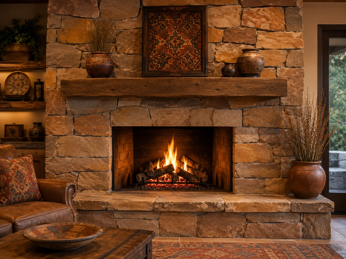 Flagstone fireplace with textured, flat stones
