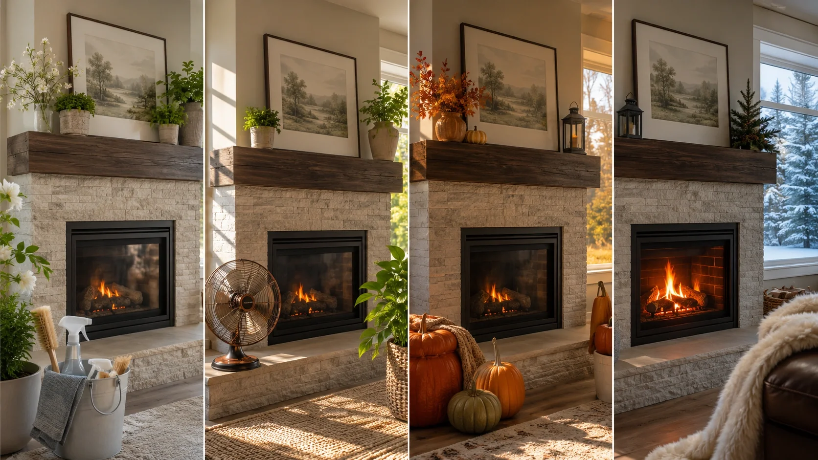 Four seasons fireplace care concept
