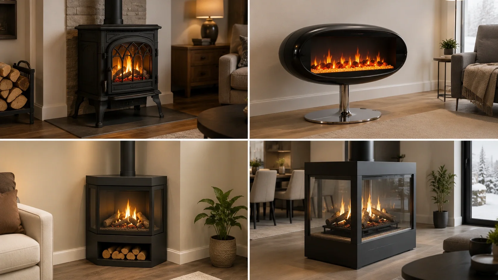 Different styles of freestanding fireplaces including modern and traditional designs