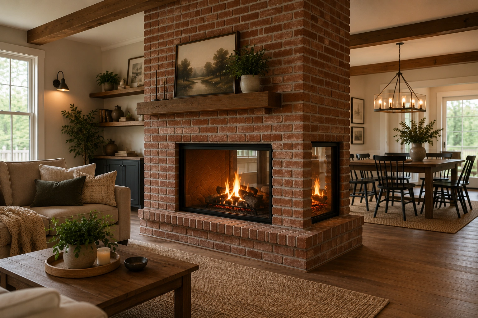 Double-sided brick fireplace dividing room