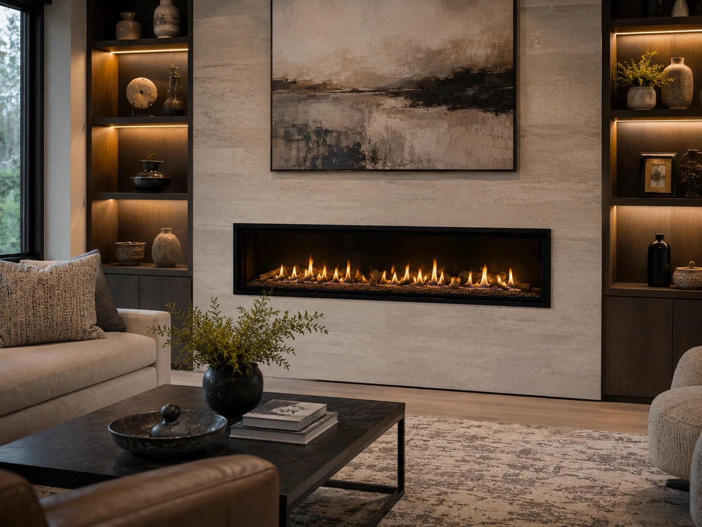 Gas fireplace integrated into modern home design