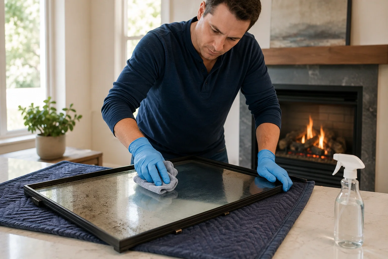 Cleaning gas fireplace glass with proper technique and tools