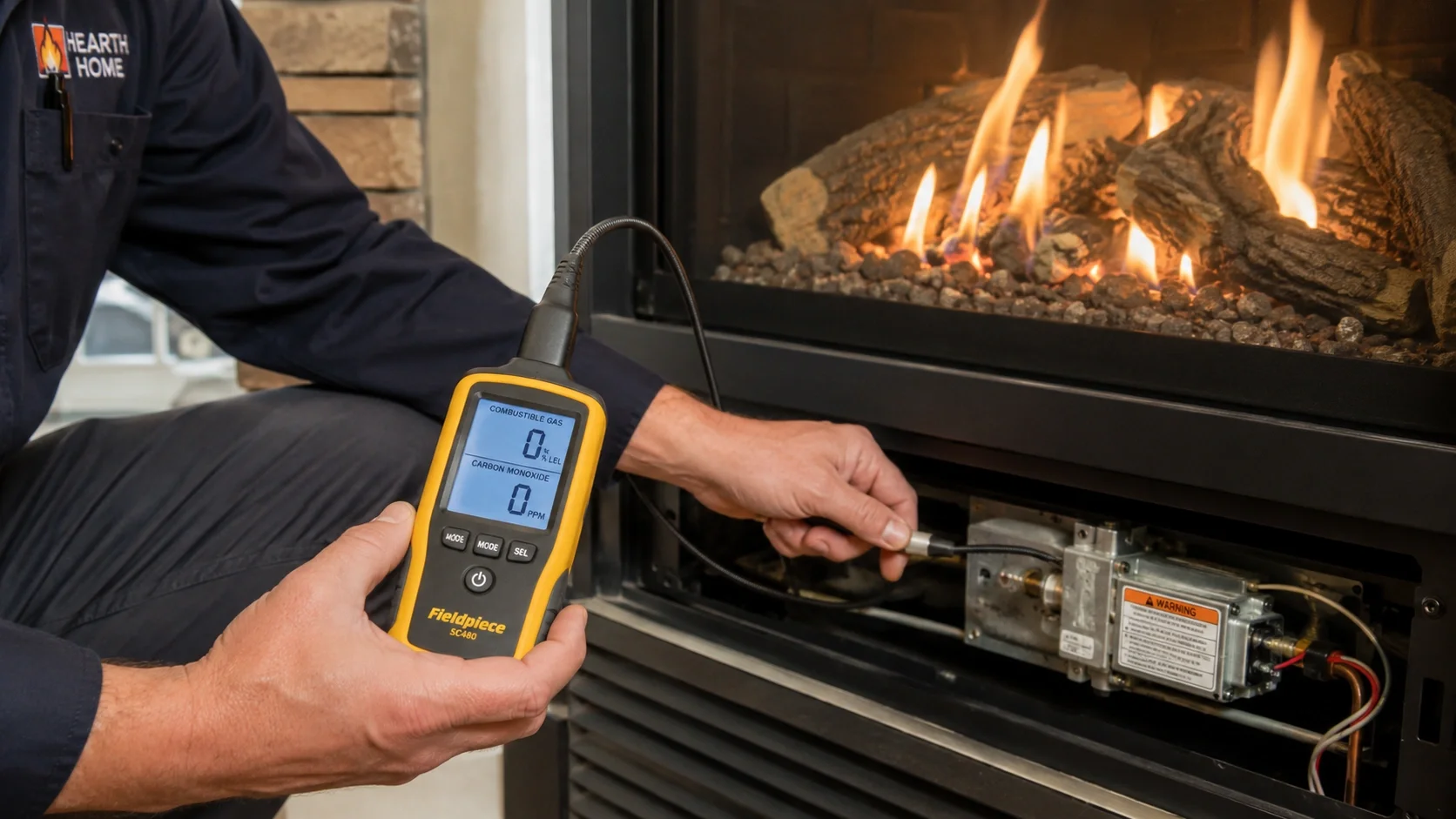 Professional technician performing gas fireplace safety inspection with carbon monoxide detector