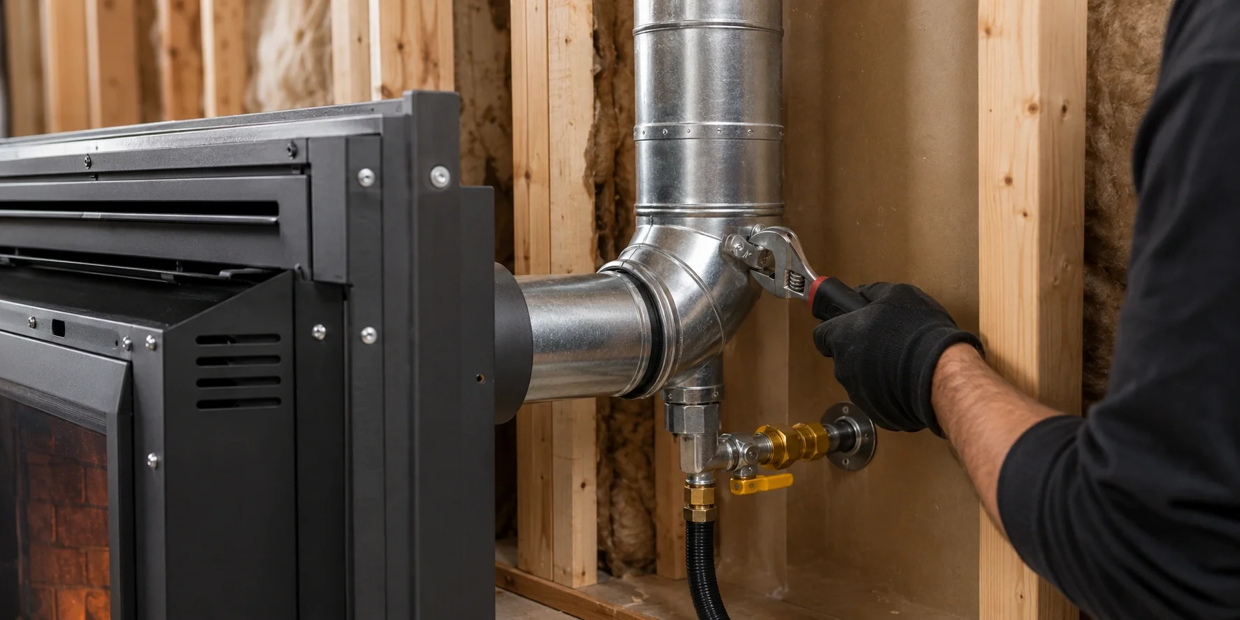 Gas fireplace installation showing venting system and gas line connection