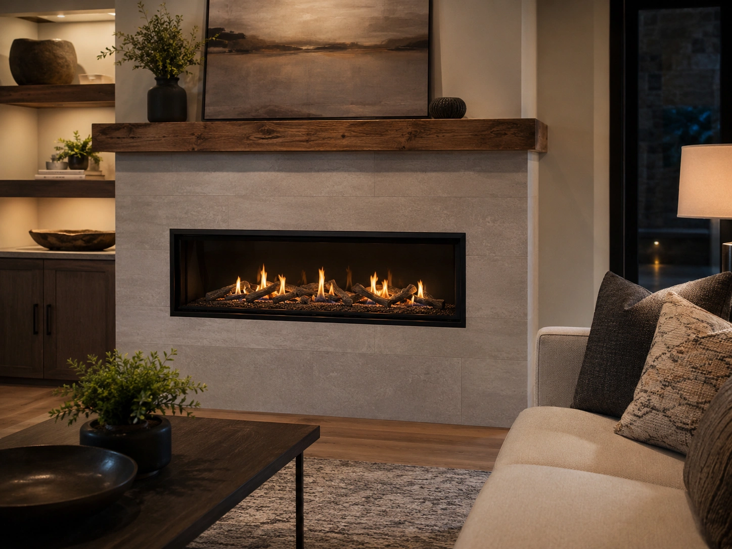 Modern gas fireplace in a living room setting