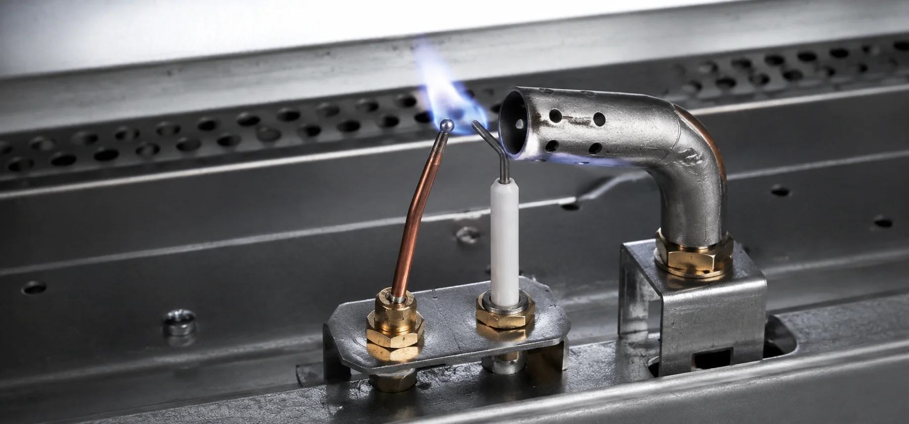 Gas fireplace pilot light component diagram showing thermocouple and pilot assembly