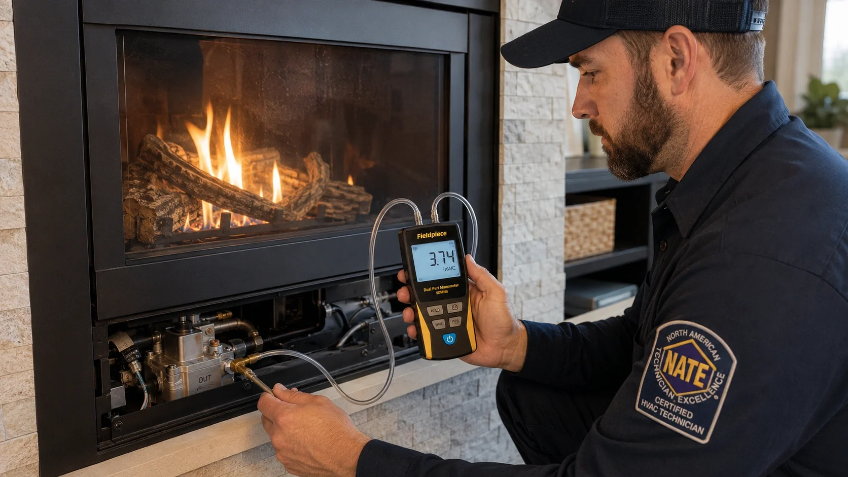 Professional gas fireplace technician using manometer to test gas pressure during inspection