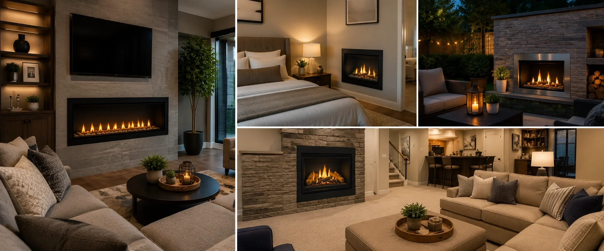 Gas fireplaces in different room settings