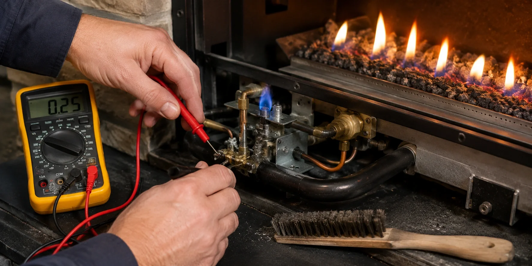 Close up of a technician inspecting gas fireplace burner and pilot light