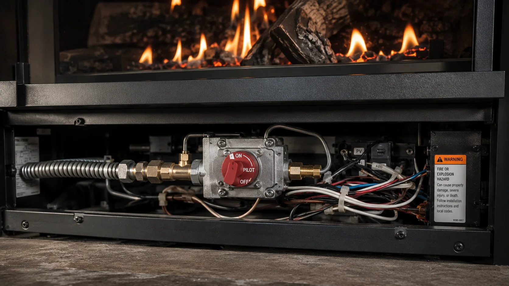 Close-up of gas fireplace controls and burner staying lit