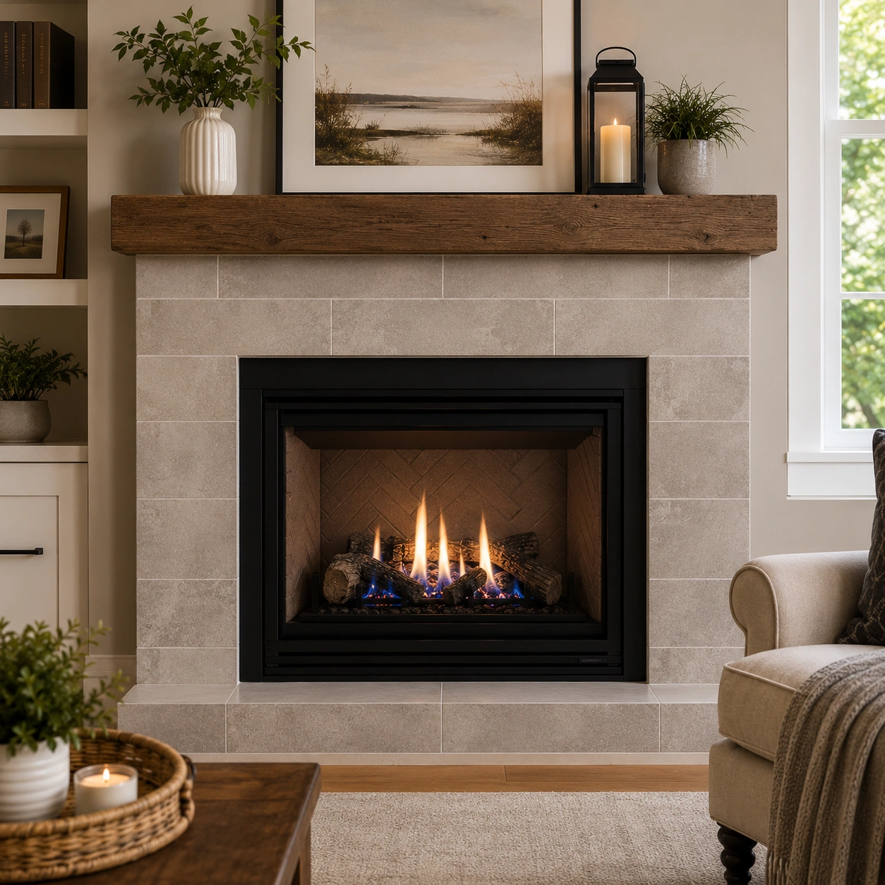 Tiled surround for gas fireplace