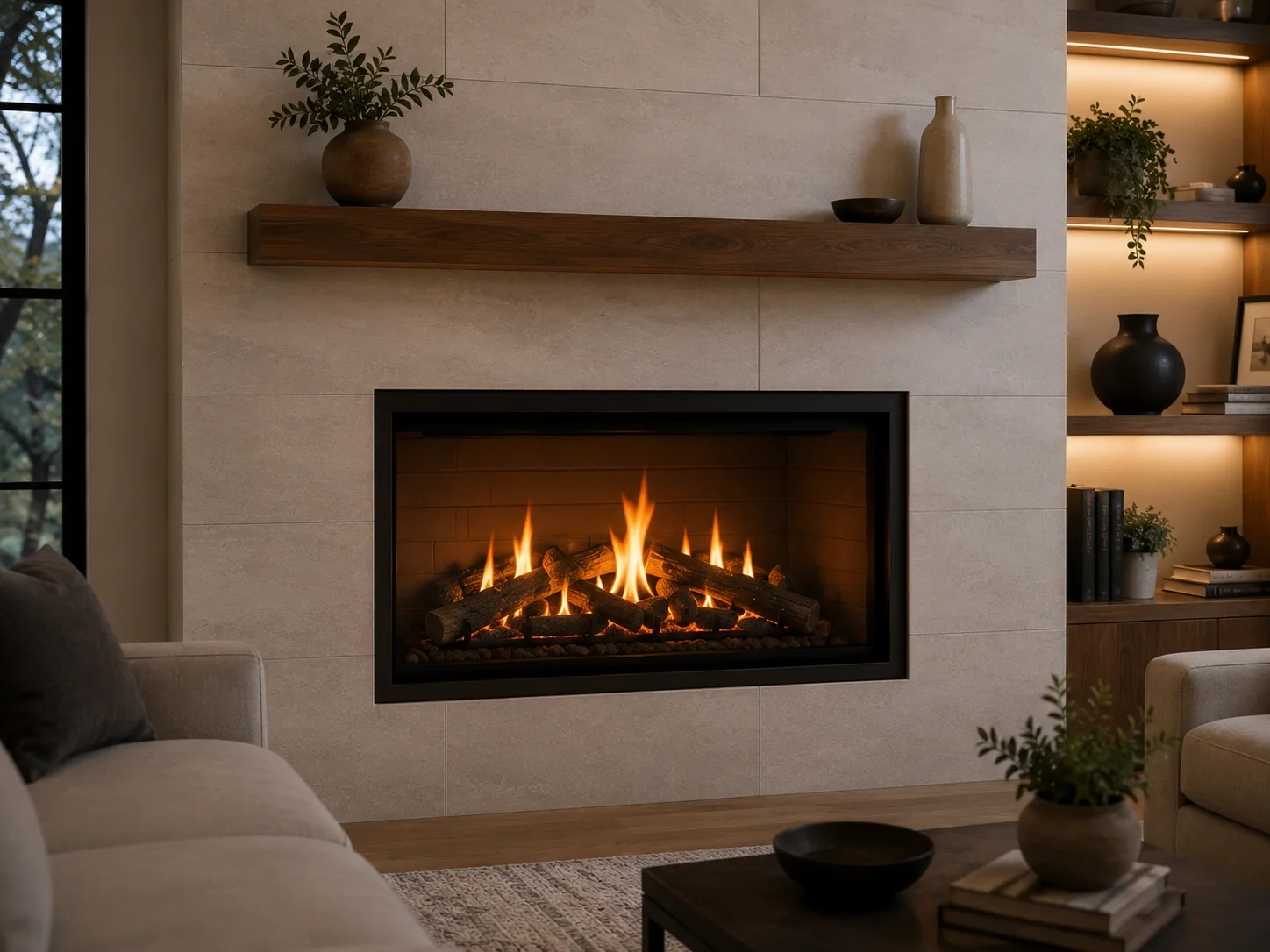 Contemporary gas fireplace with realistic flame