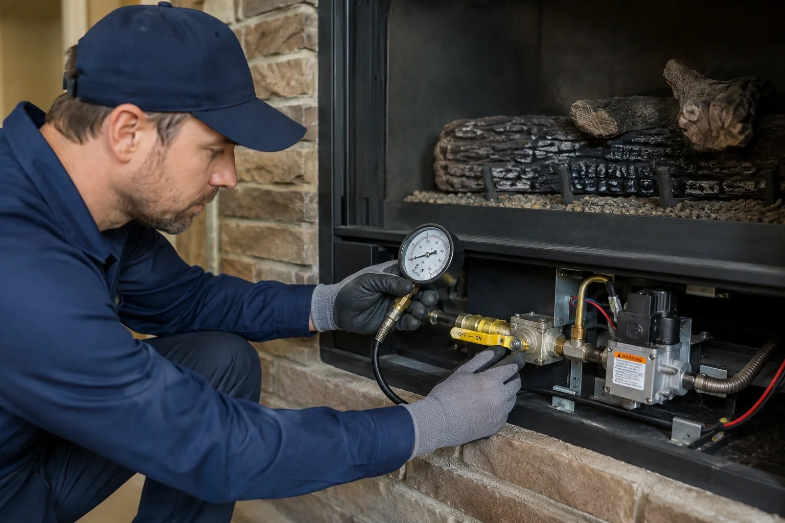 Technician checking the gas supply valve and pressure for a fireplace