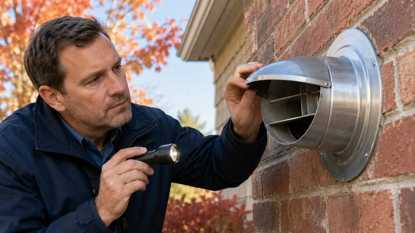 Inspector examining gas fireplace vent pipe for blockages and proper draft