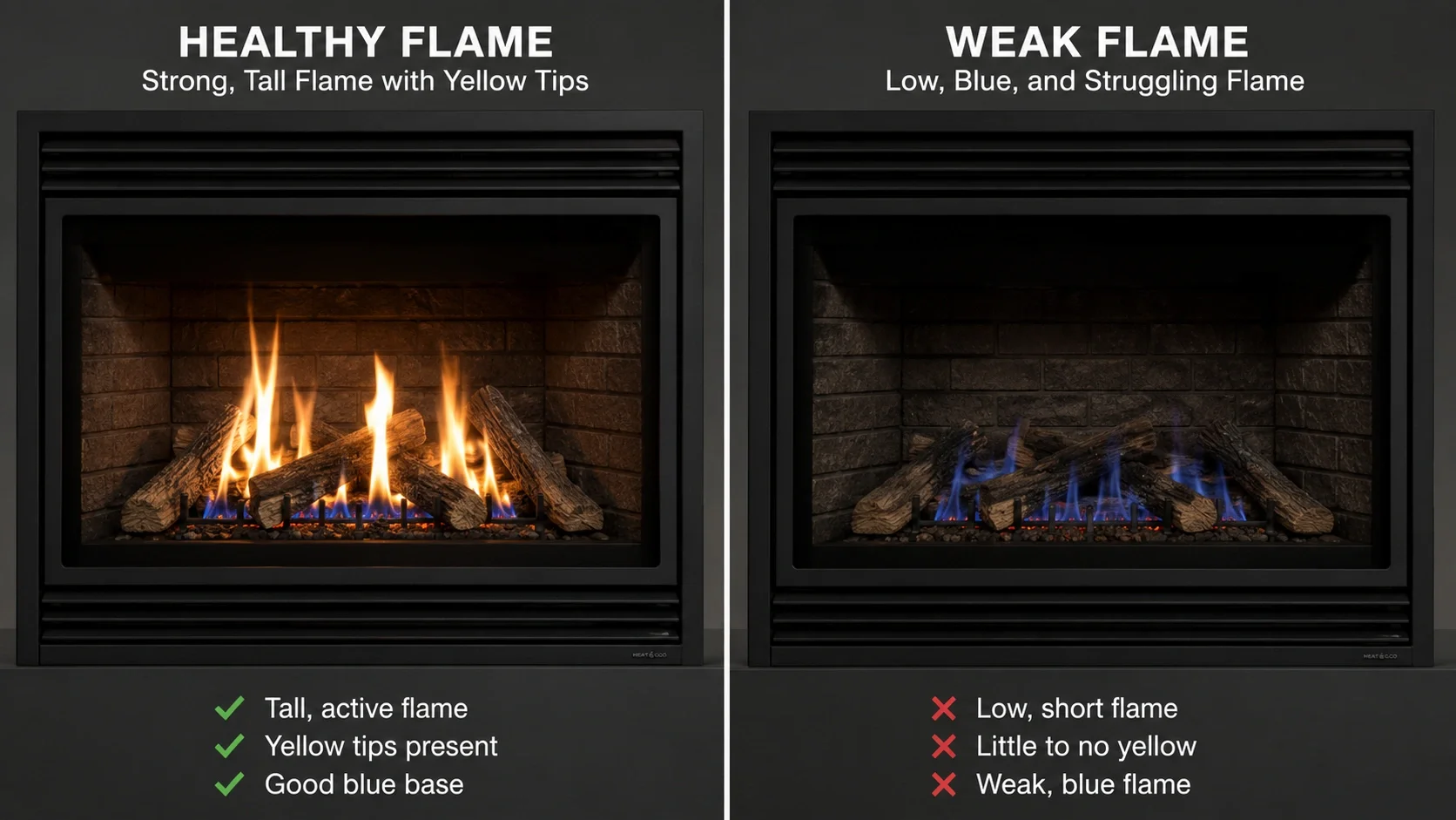 Comparison showing a healthy tall gas flame versus a weak, low gas flame in a fireplace