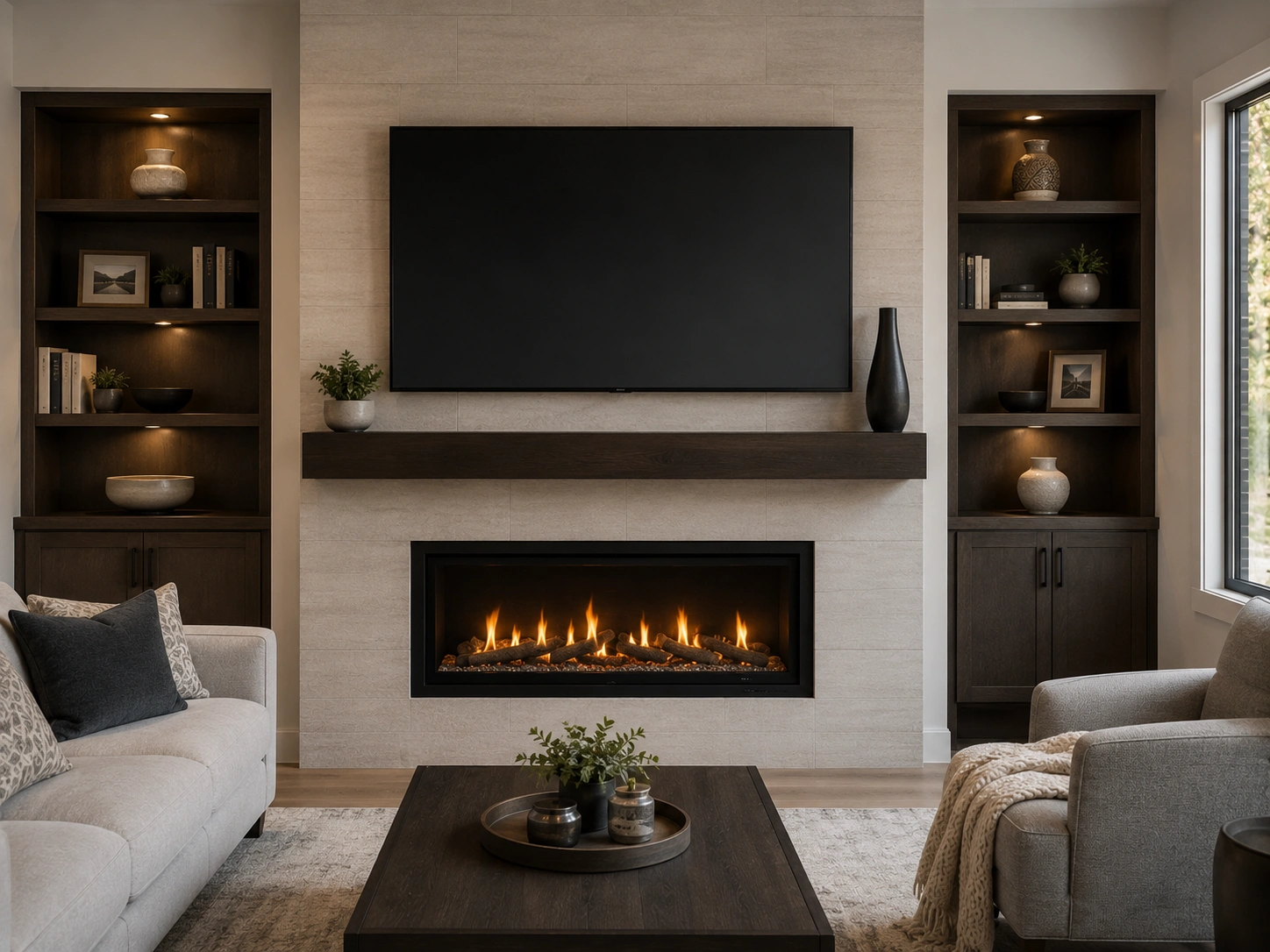 Gas fireplace with TV mounted above